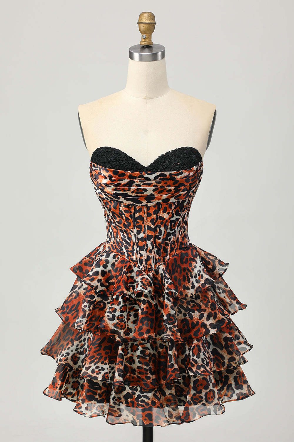 Leely Women Khaki Leopard Print Corset Short Homecoming Dress with Ruffles Chiffon Strapless A Line Tiered Ruched Cocktail Dress with Appliques