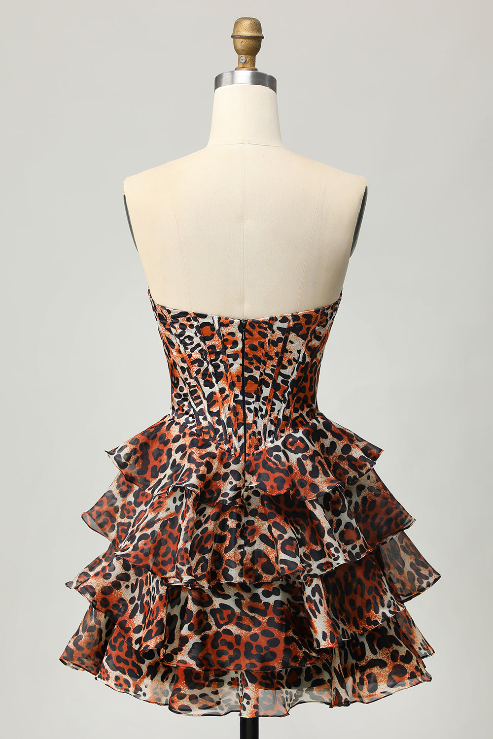 Khaki Leopard Print Corset Strapless Tiered Short Homecoming Dress with Ruffles