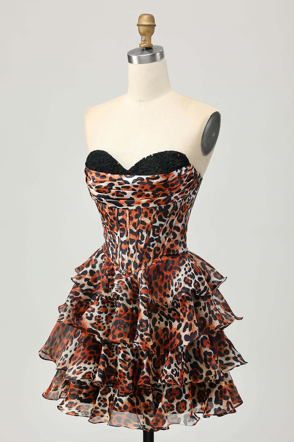 Khaki Leopard Print Corset Strapless Tiered Short Homecoming Dress with Ruffles