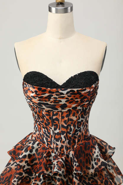 Khaki Leopard Print Corset Strapless Tiered Short Homecoming Dress with Ruffles