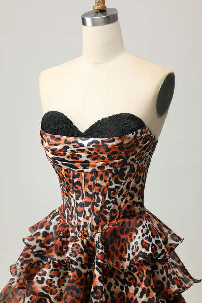 Khaki Leopard Print Corset Strapless Tiered Short Homecoming Dress with Ruffles