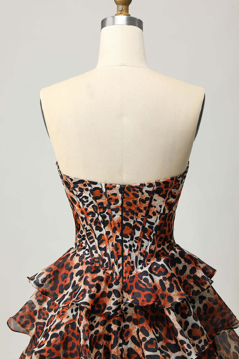Khaki Leopard Print Corset Strapless Tiered Short Homecoming Dress with Ruffles