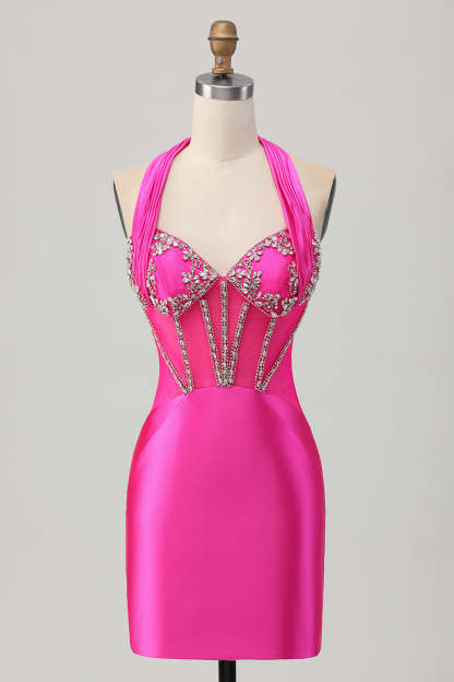 Sparkly Royal Blue Corset Halter Bodycon Short Homecoming Dress with Rhinestones