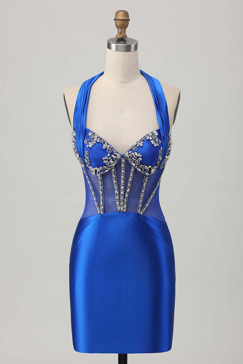 Leely Women Sparkly Royal Blue Bodycon Corset Short Homecoming Dress Satin Halter Cocktail Dress with Rhinestones