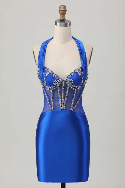 Leely Women Sparkly Royal Blue Bodycon Corset Short Homecoming Dress Satin Halter Cocktail Dress with Rhinestones