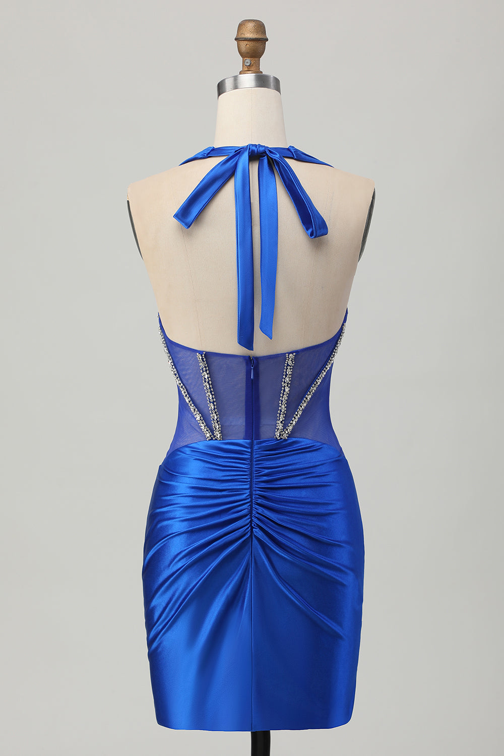 Sparkly Royal Blue Corset Halter Bodycon Short Homecoming Dress with Rhinestones