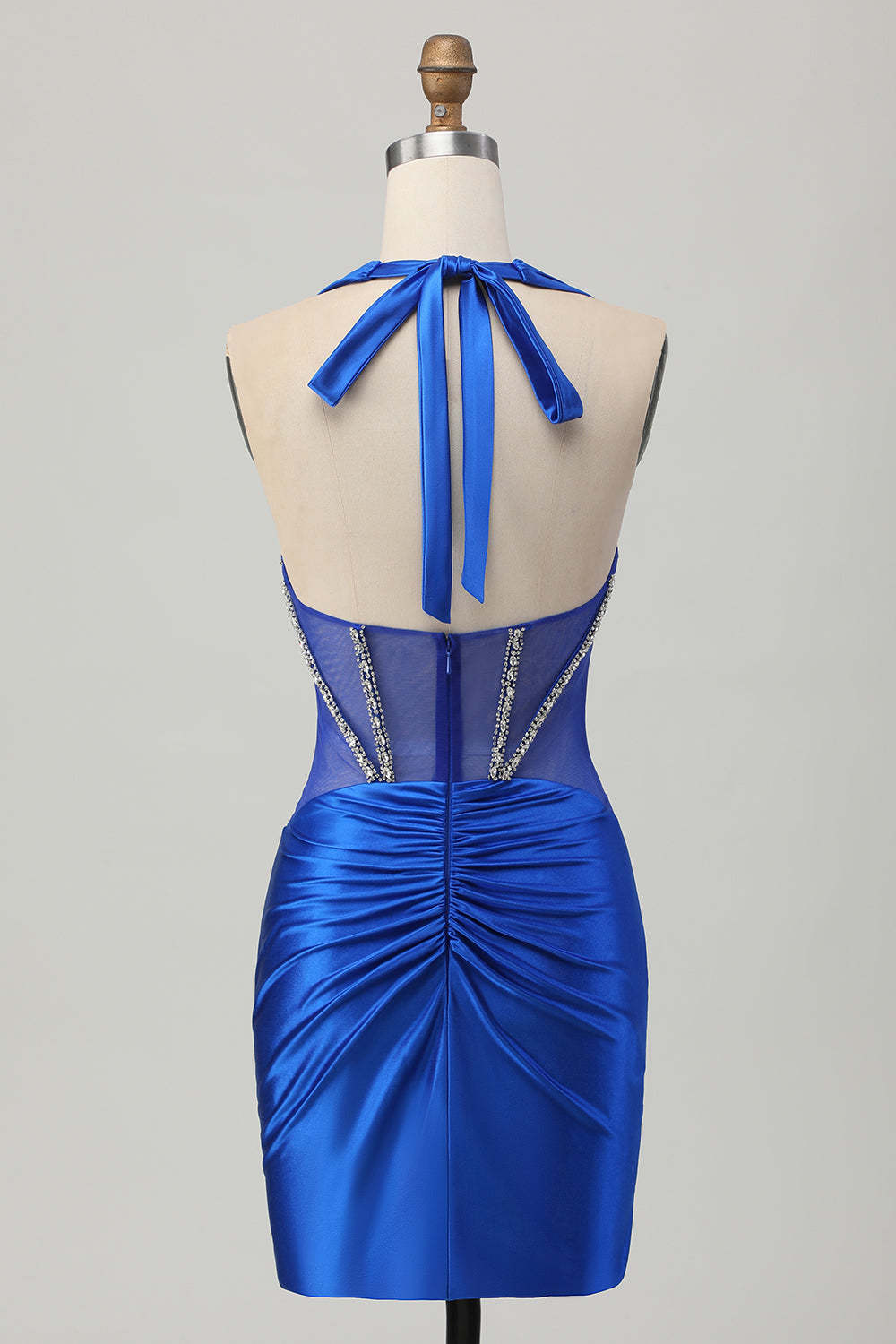 Sparkly Royal Blue Corset Halter Bodycon Short Homecoming Dress with Rhinestones