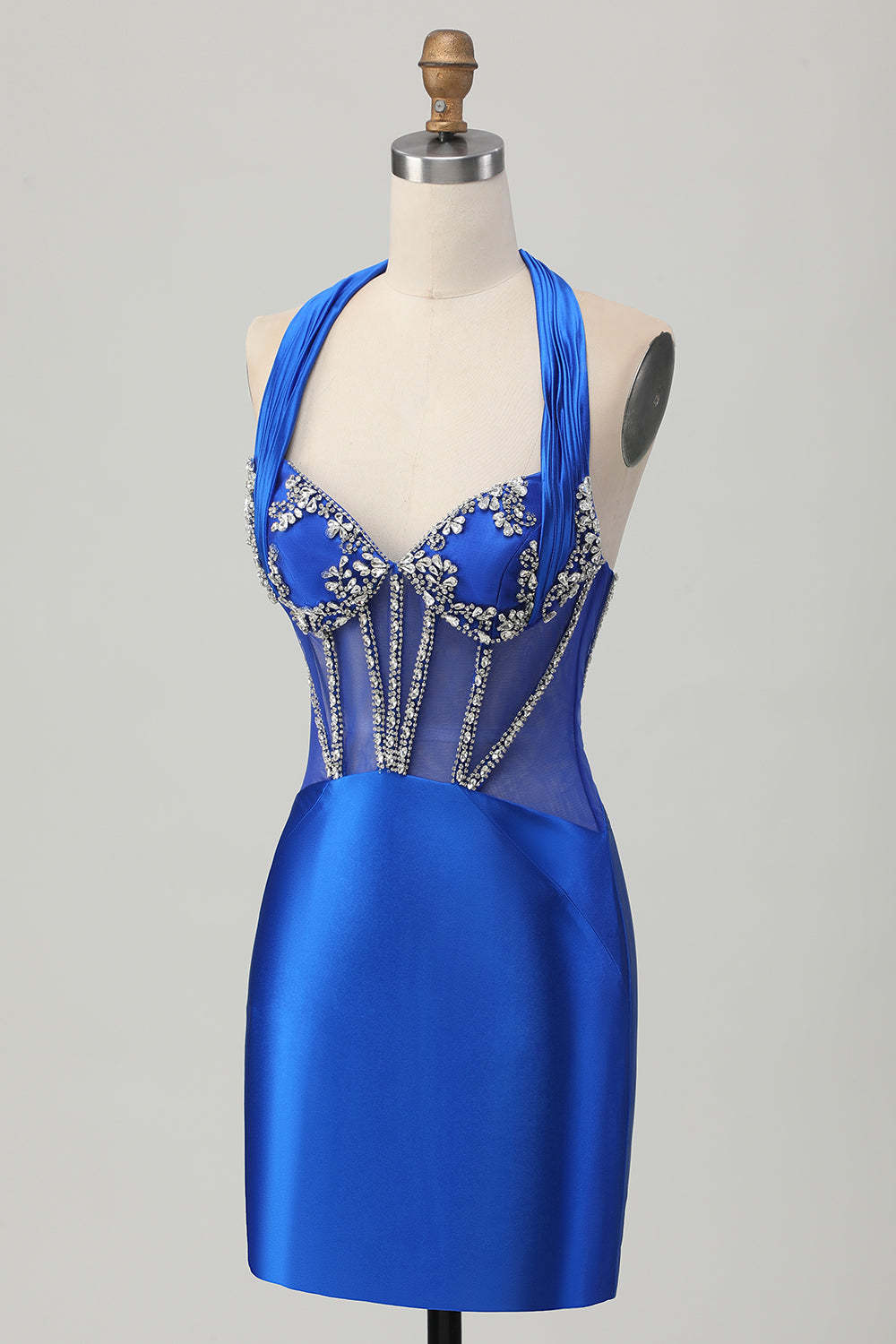 Sparkly Royal Blue Corset Halter Bodycon Short Homecoming Dress with Rhinestones