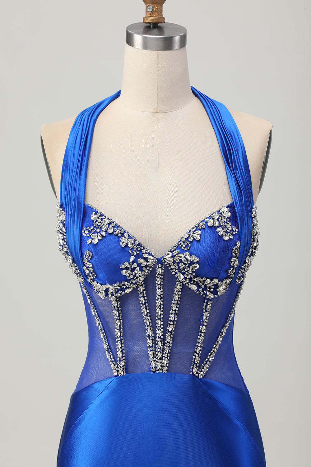 Sparkly Royal Blue Corset Halter Bodycon Short Homecoming Dress with Rhinestones