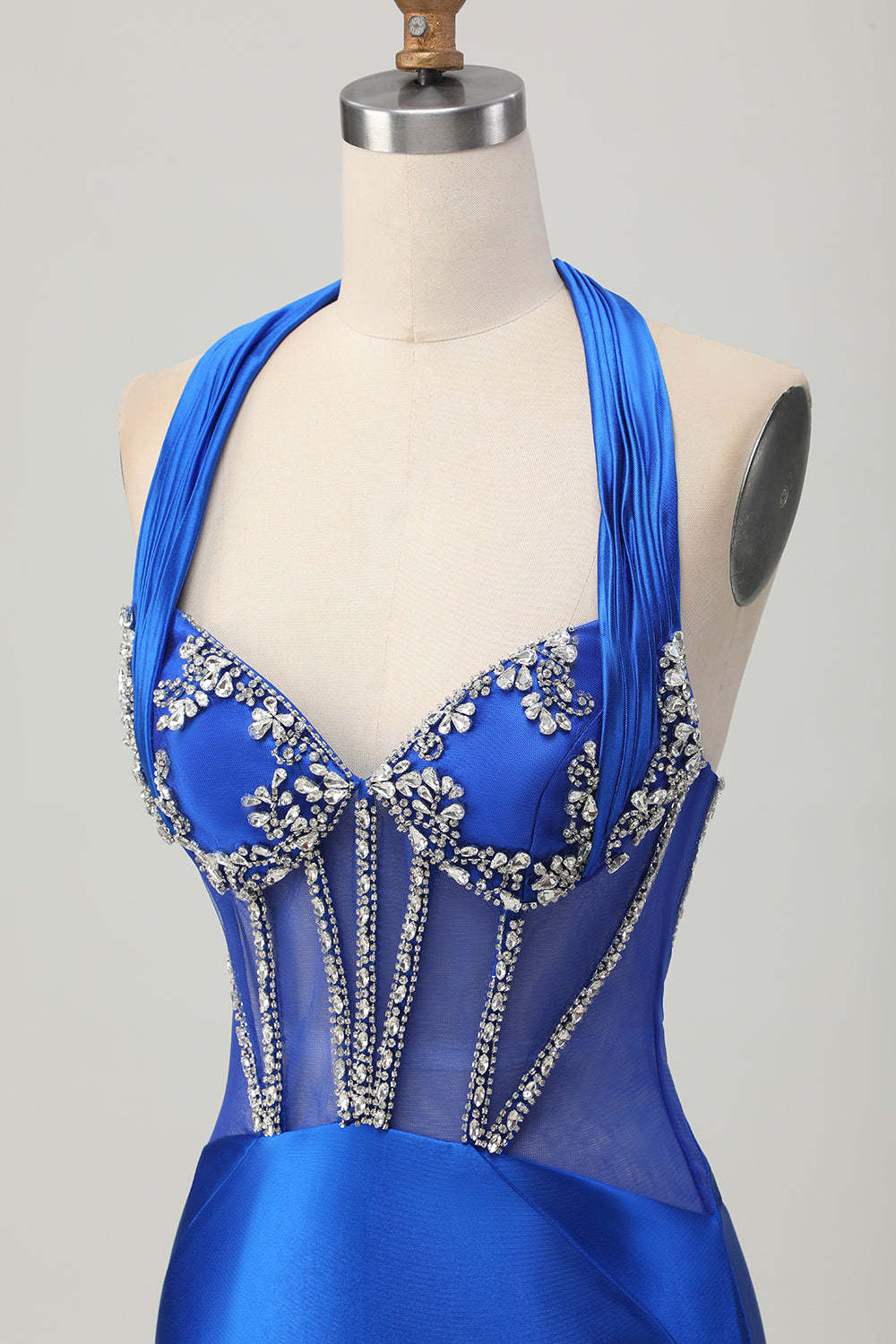 Sparkly Royal Blue Corset Halter Bodycon Short Homecoming Dress with Rhinestones