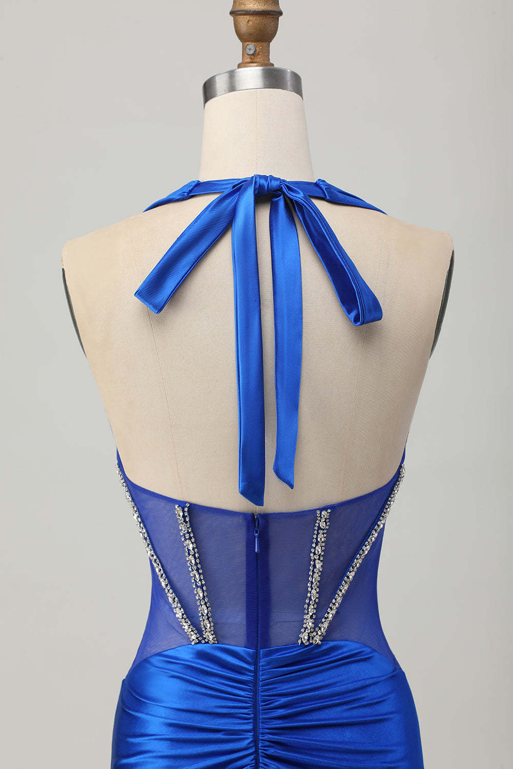Sparkly Royal Blue Corset Halter Bodycon Short Homecoming Dress with Rhinestones