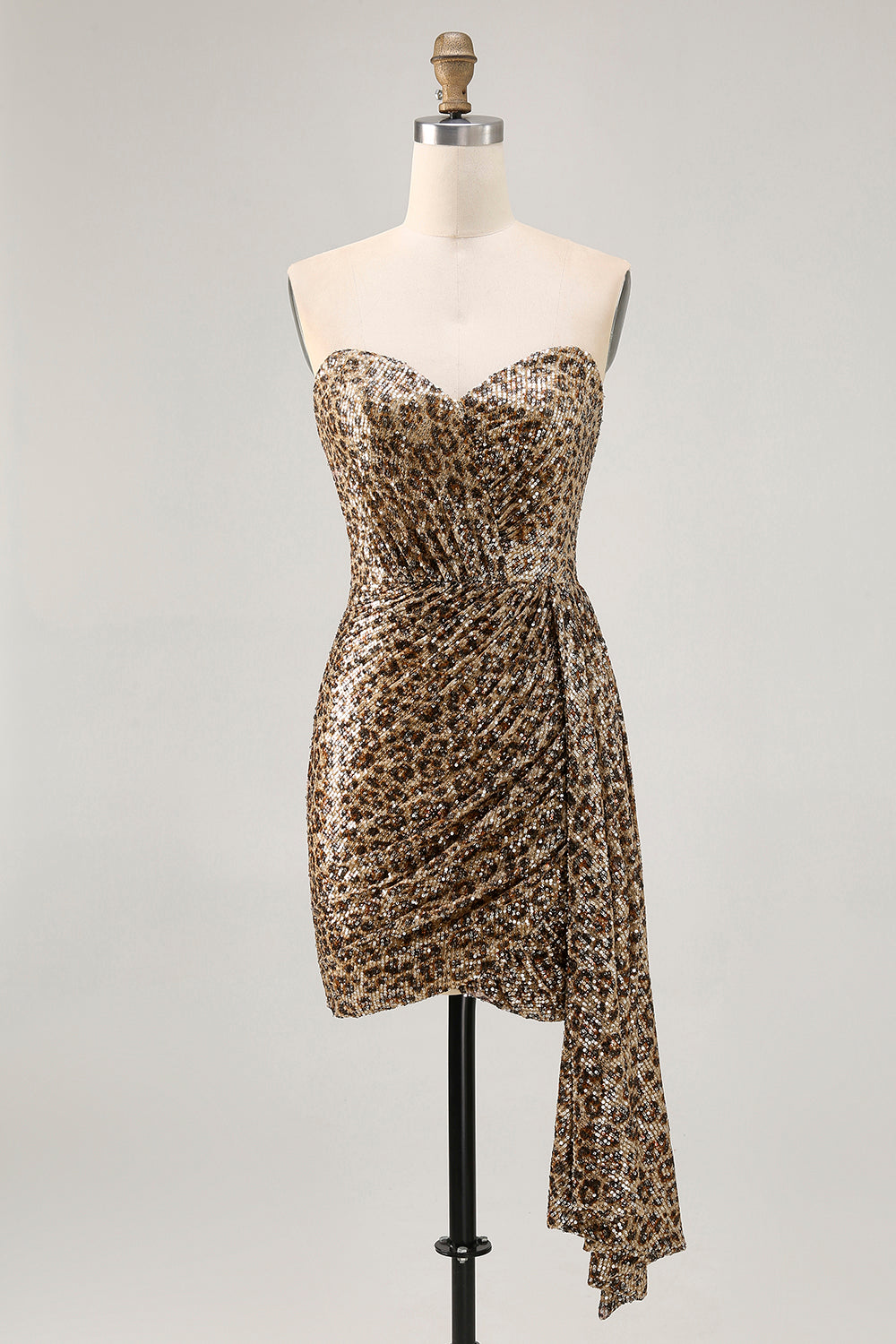 Sparkly Khaki Leopard Printed Sequin Tight Short Homecoming Dress with Drape