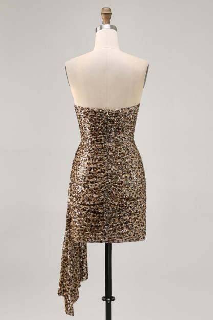 Sparkly Khaki Leopard Printed Sequin Tight Short Homecoming Dress with Drape