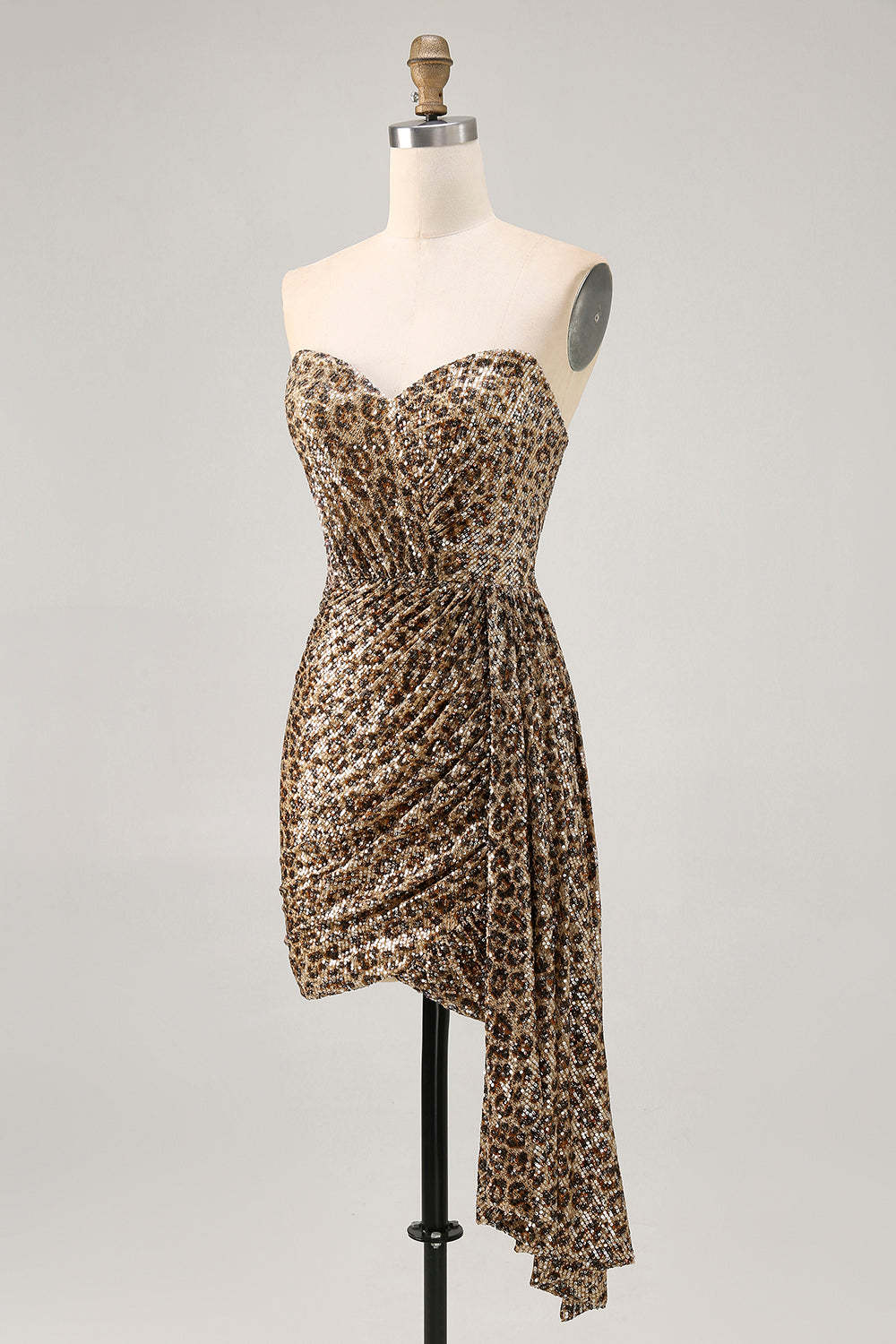 Sparkly Khaki Leopard Printed Sequin Tight Short Homecoming Dress with Drape