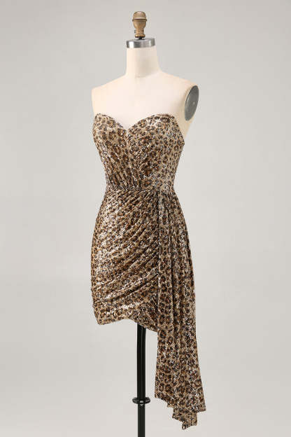 Sparkly Khaki Leopard Printed Sequin Tight Short Homecoming Dress with Drape