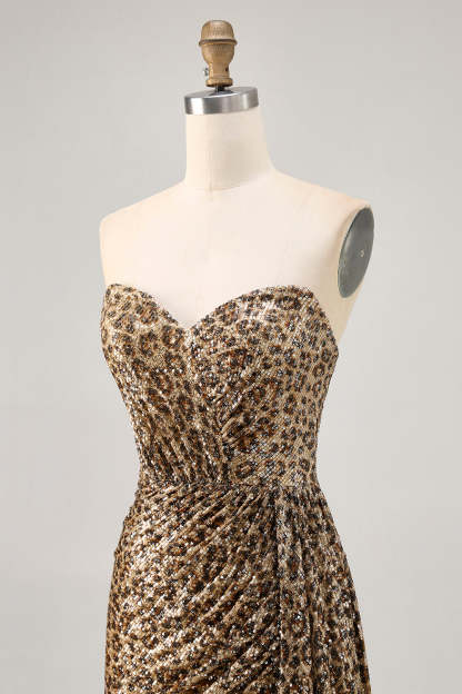 Sparkly Khaki Leopard Printed Sequin Tight Short Homecoming Dress with Drape