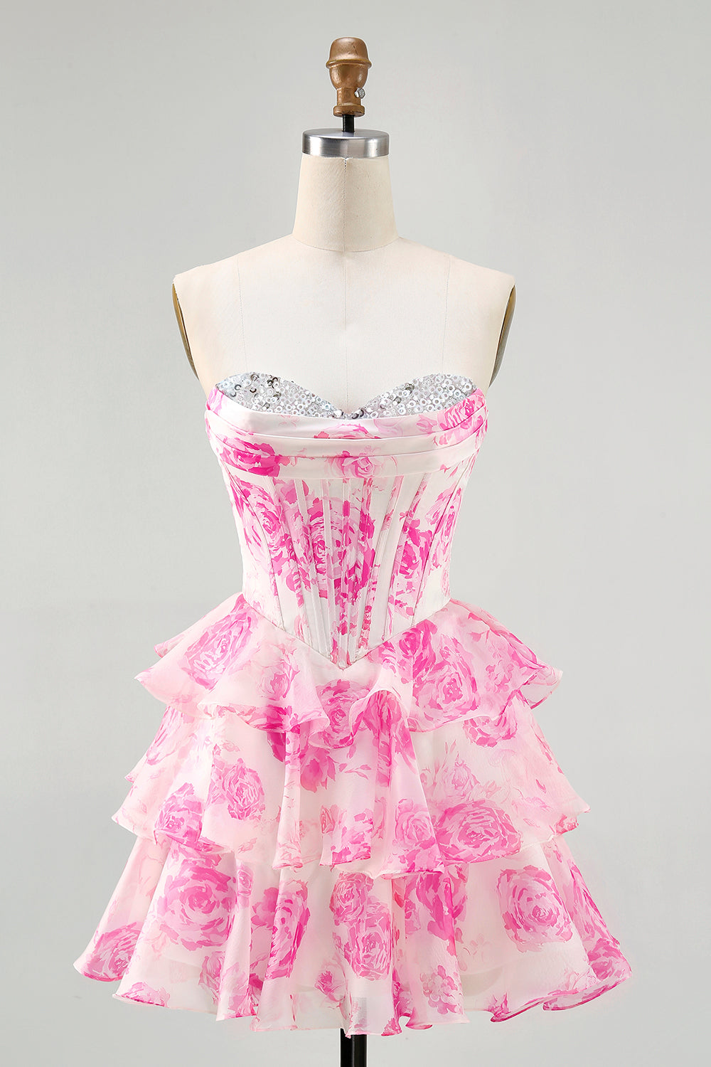 Fuchsia Floral Corset Sweetheart Tiered Short Homecoming Dress with Sequins