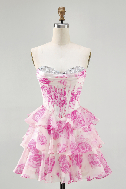 White and Blue Floral Corset Sweetheart Tiered Short Homecoming Dress with Sequins