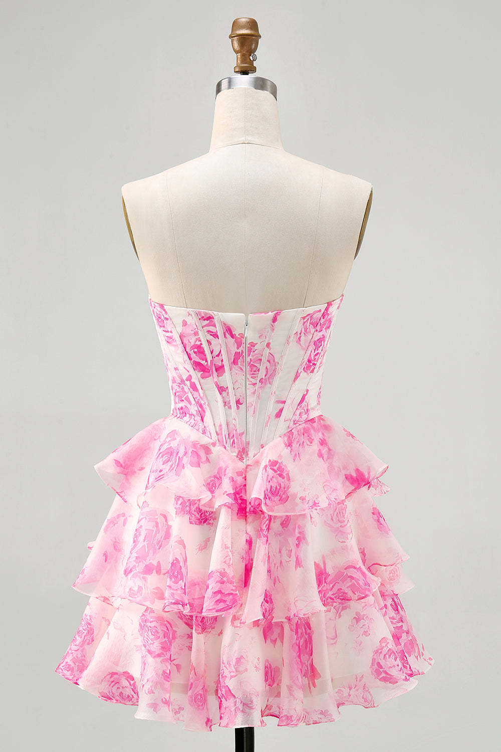 Fuchsia Floral Corset Sweetheart Tiered Short Homecoming Dress with Sequins