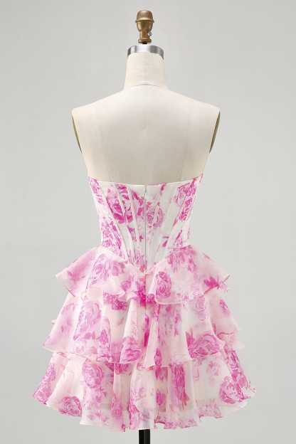 White and Blue Floral Corset Sweetheart Tiered Short Homecoming Dress with Sequins