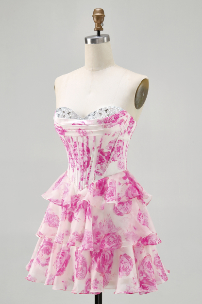 White and Blue Floral Corset Sweetheart Tiered Short Homecoming Dress with Sequins