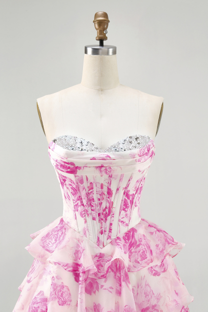 White and Blue Floral Corset Sweetheart Tiered Short Homecoming Dress with Sequins