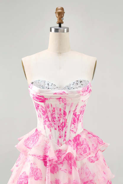 Fuchsia Floral Corset Sweetheart Tiered Short Homecoming Dress with Sequins