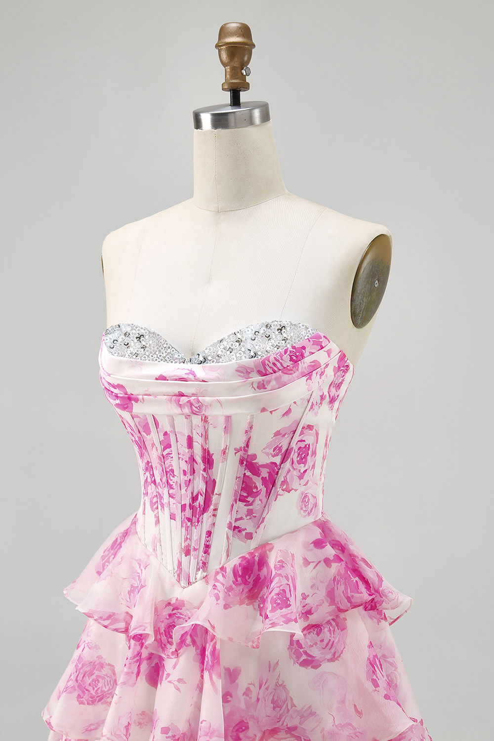 White and Blue Floral Corset Sweetheart Tiered Short Homecoming Dress with Sequins
