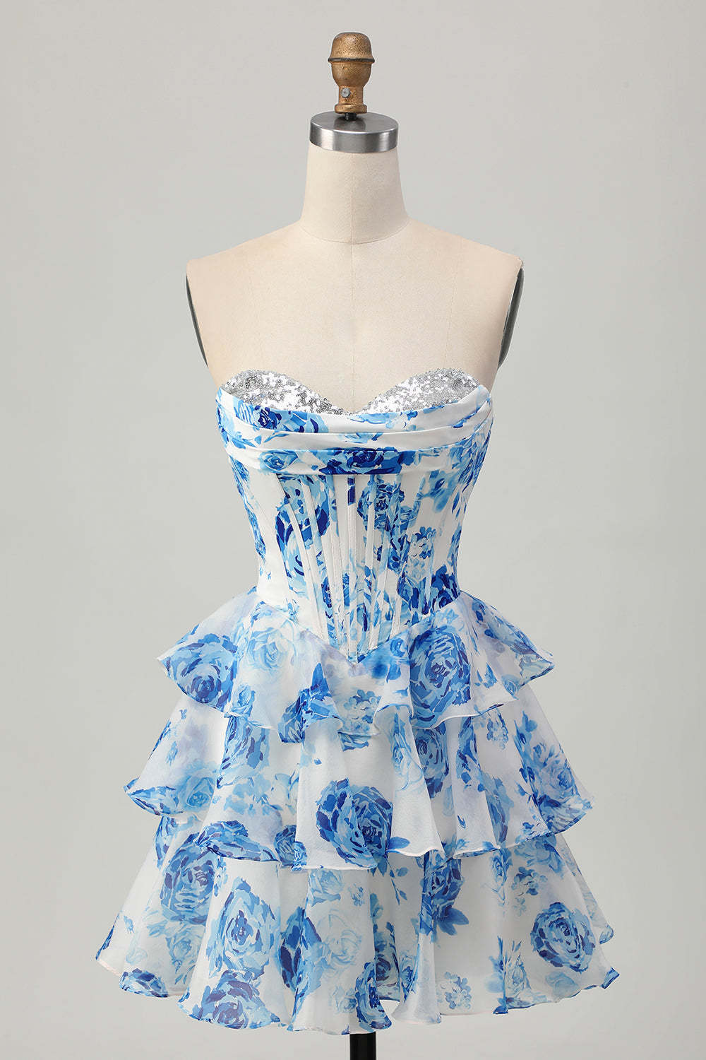 Leely Women White and Blue Floral Corset Short Ruffled Homecoming Dress Sweetheart A Line Tiered Ruched Ruffled Cocktail Dress with Sequins