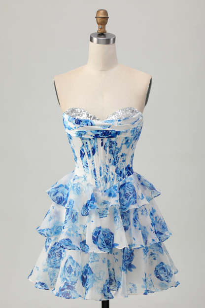 Leely Women White and Blue Floral Corset Short Ruffled Homecoming Dress Sweetheart A Line Tiered Ruched Ruffled Cocktail Dress with Sequins