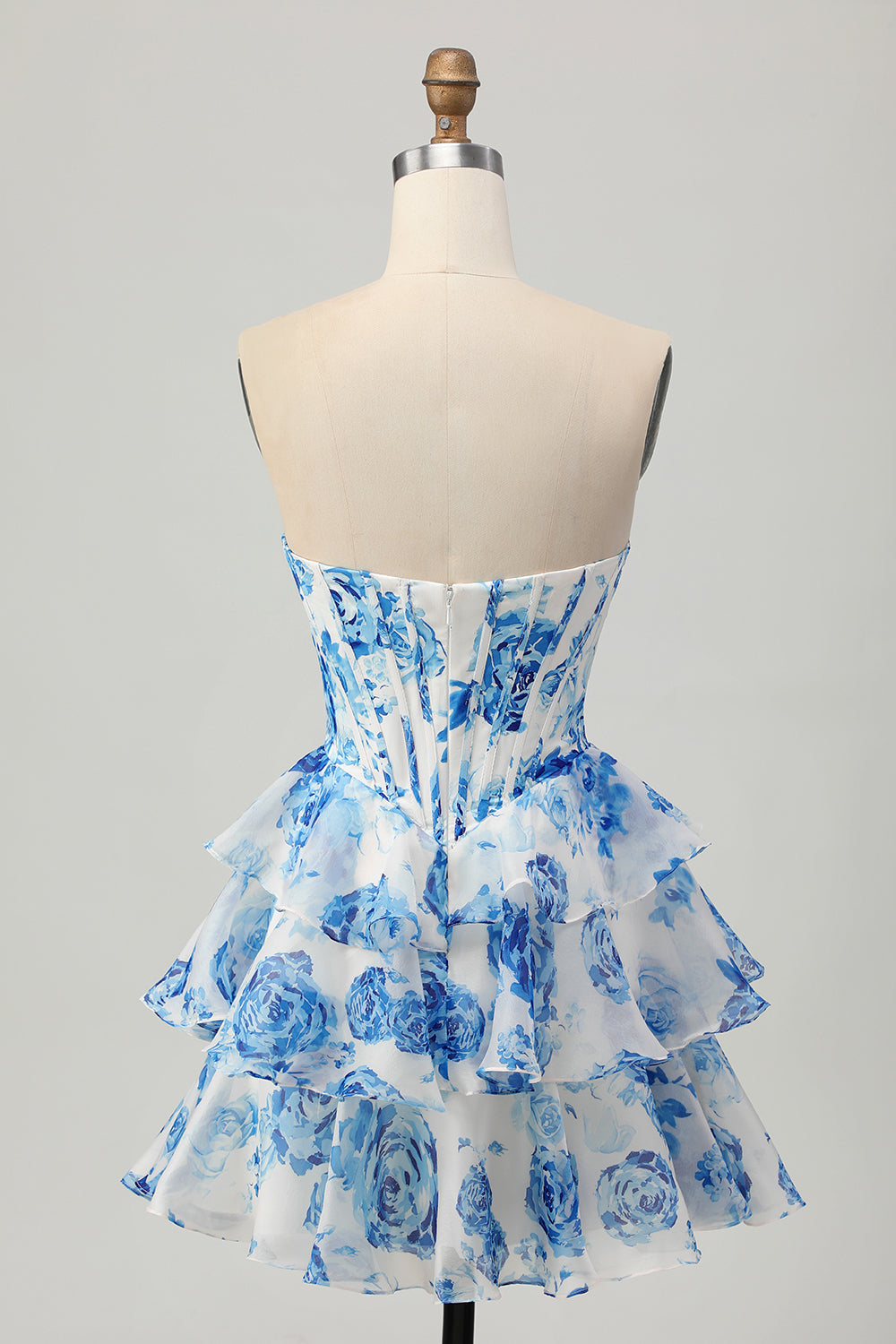White and Blue Floral Corset Sweetheart Tiered Short Homecoming Dress with Sequins