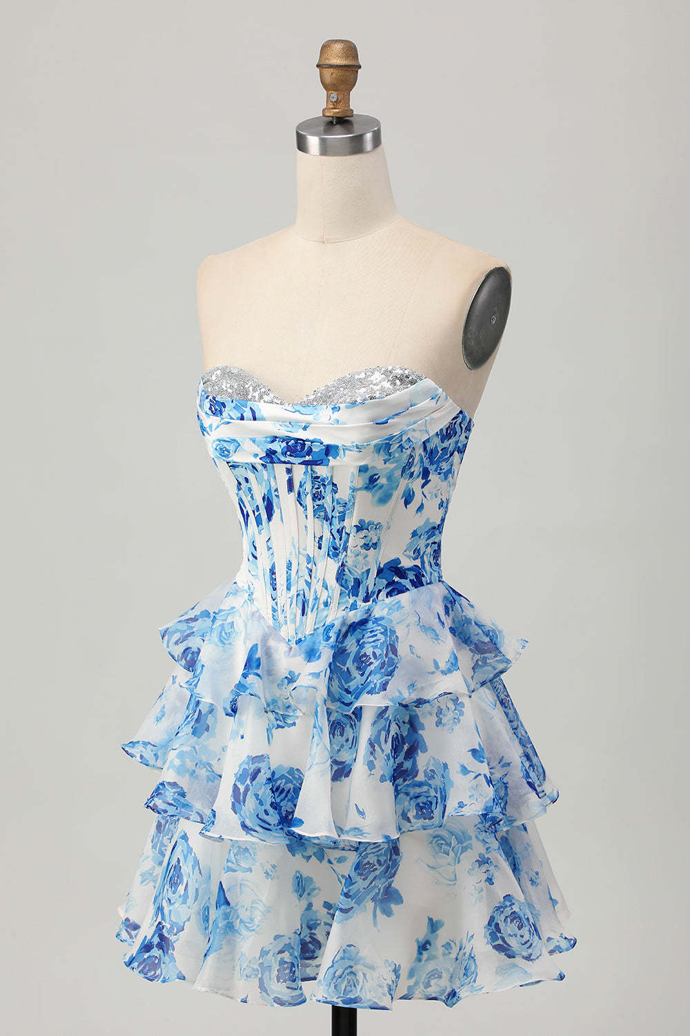 White and Blue Floral Corset Sweetheart Tiered Short Homecoming Dress with Sequins