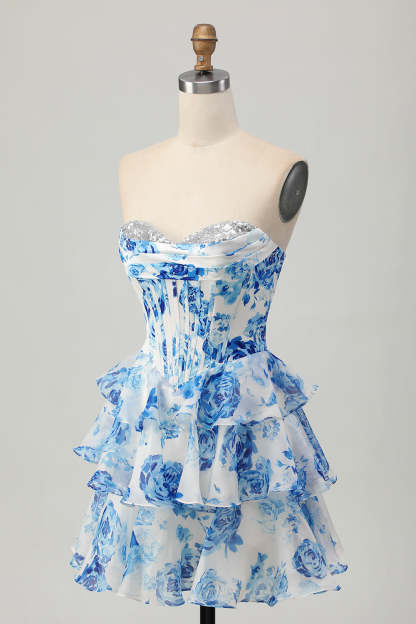 White and Blue Floral Corset Sweetheart Tiered Short Homecoming Dress with Sequins