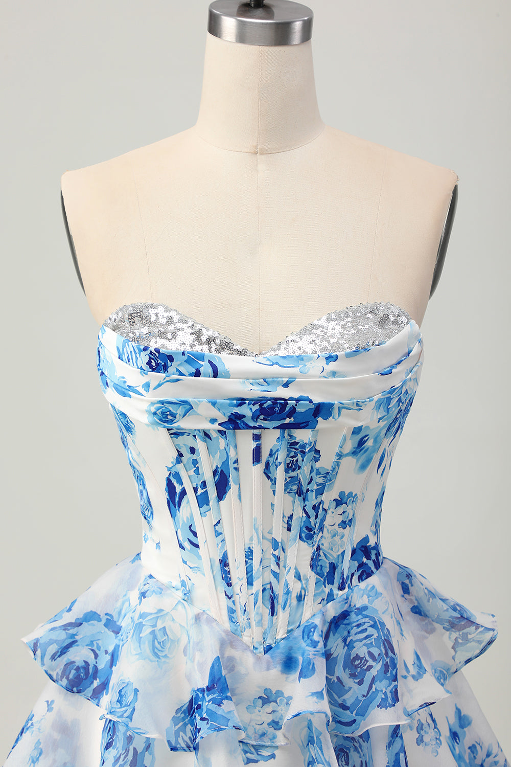 White and Blue Floral Corset Sweetheart Tiered Short Homecoming Dress with Sequins