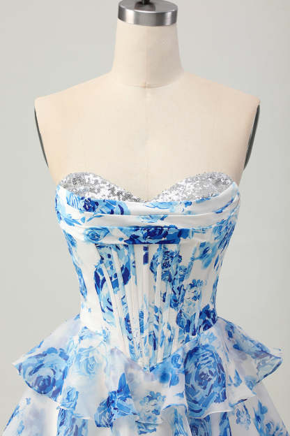 White and Blue Floral Corset Sweetheart Tiered Short Homecoming Dress with Sequins