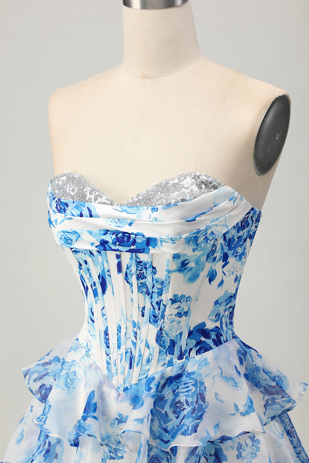 White and Blue Floral Corset Sweetheart Tiered Short Homecoming Dress with Sequins