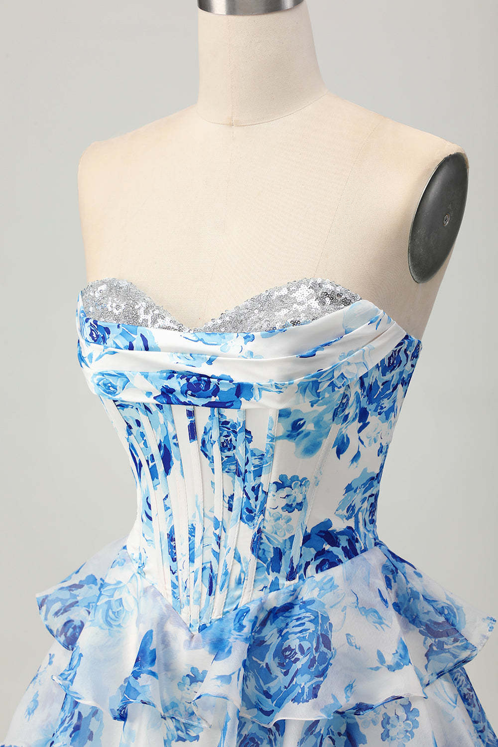 White and Blue Floral Corset Sweetheart Tiered Short Homecoming Dress with Sequins