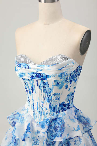 White and Blue Floral Corset Sweetheart Tiered Short Homecoming Dress with Sequins