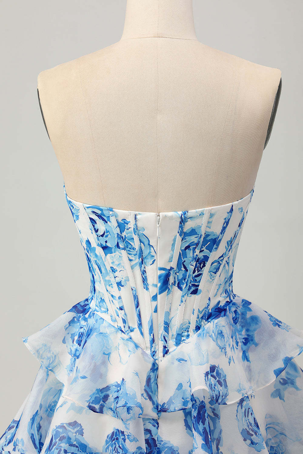 White and Blue Floral Corset Sweetheart Tiered Short Homecoming Dress with Sequins