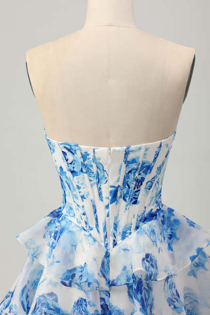 White and Blue Floral Corset Sweetheart Tiered Short Homecoming Dress with Sequins