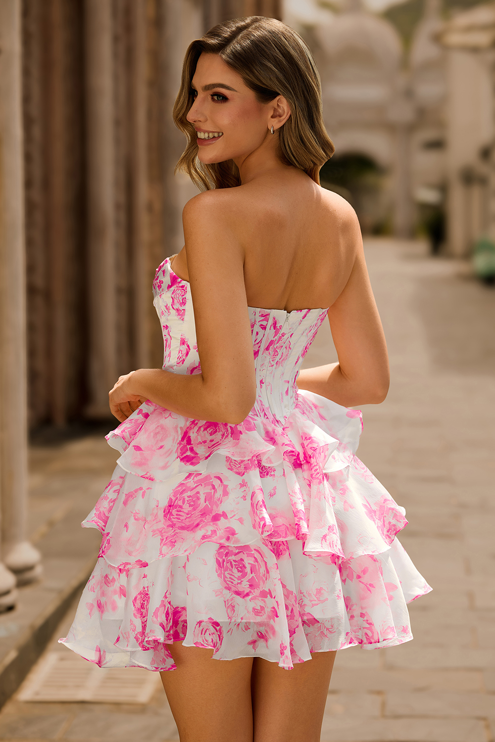 White and Blue Floral Corset Sweetheart Tiered Short Homecoming Dress with Sequins