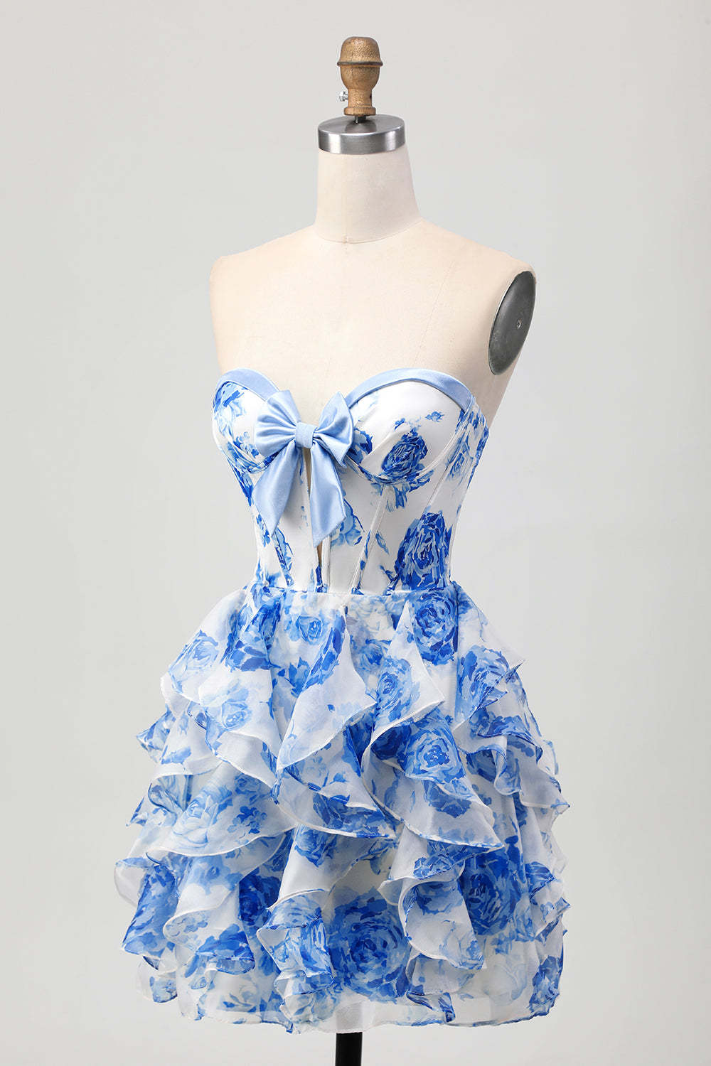 White and Blue Sweetheart Corset Floral Ruffled Short Homecoming Dress with Bow