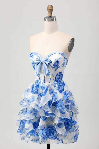 White and Blue Sweetheart Corset Floral Ruffled Short Homecoming Dress with Bow