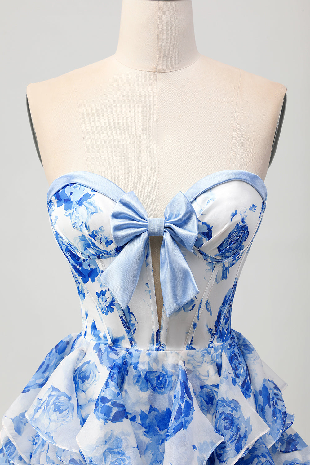 White and Blue Sweetheart Corset Floral Ruffled Short Homecoming Dress with Bow