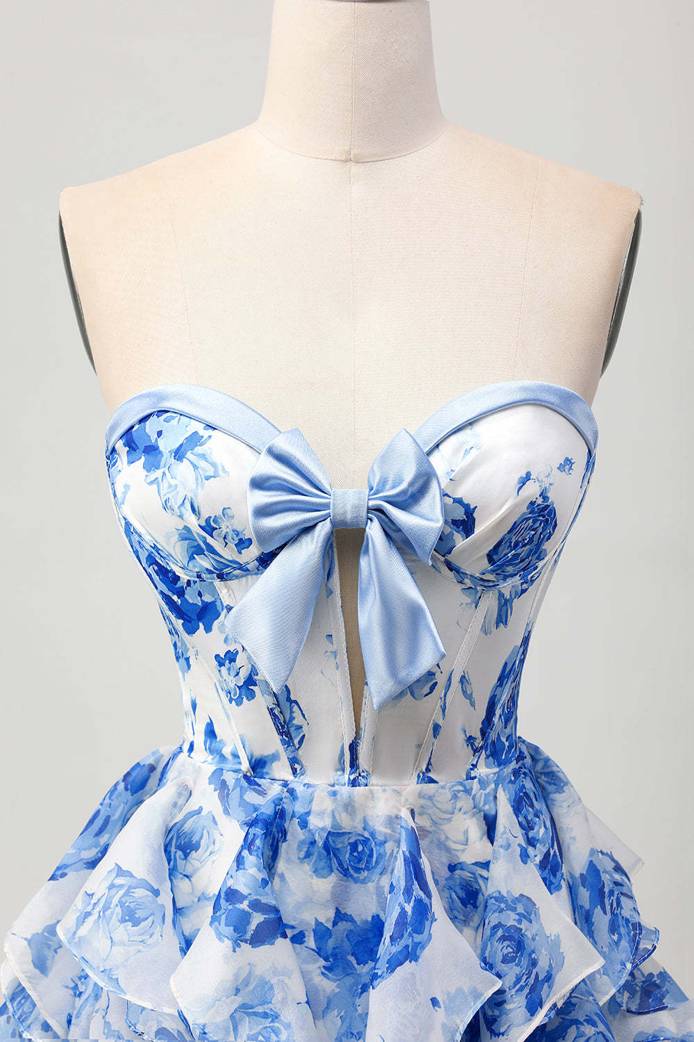 White and Blue Sweetheart Corset Floral Ruffled Short Homecoming Dress with Bow