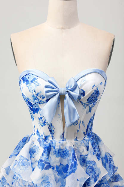 White and Blue Sweetheart Corset Floral Ruffled Short Homecoming Dress with Bow
