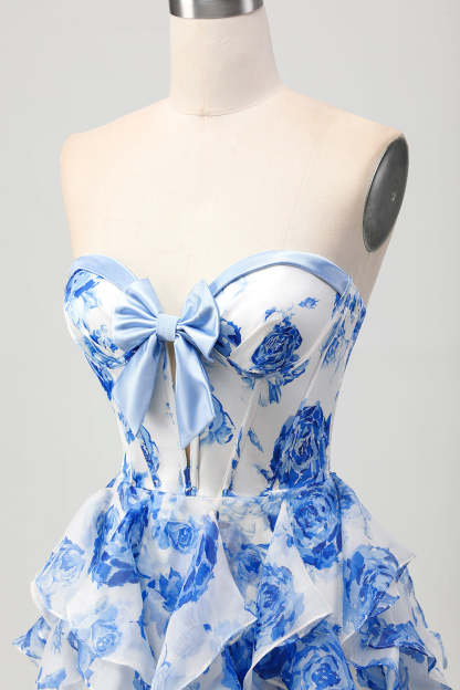 White and Blue Sweetheart Corset Floral Ruffled Short Homecoming Dress with Bow