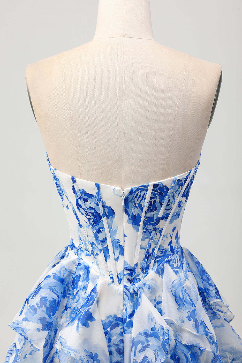 White and Blue Sweetheart Corset Floral Ruffled Short Homecoming Dress with Bow