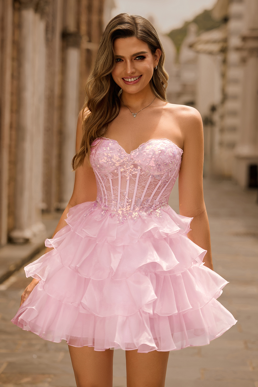 Sparkly Pink Sweetheart Ruffled Short Corset Homecoming Dress with Sequins