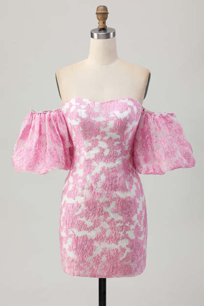 Pink Jacquard Floral Detachable Sleeves Tight Short Homecoming Dress